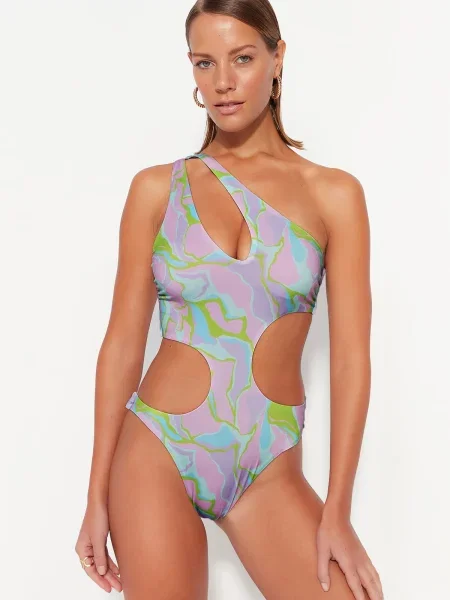 Decupat costum de baie Trendyol cu imprimeu abstract cu un umăr gol gri