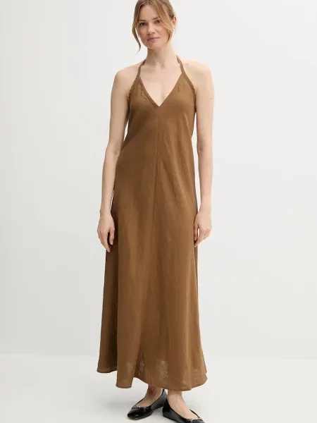 United Colors of Benetton sukienka lniana maxi rozkloszowana brązowy
