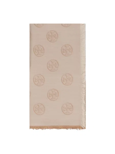 Szal Tory Burch z logo beżowa