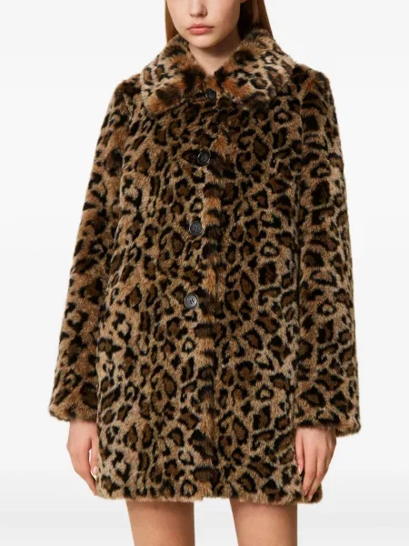 Palton de blană Twinset cu imagine cu model leopard maro