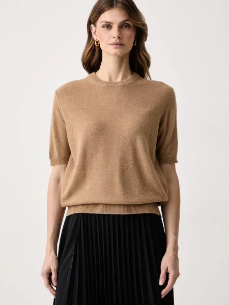 Haveone sweter z krótkim rękawem z kaszmirem beżowy