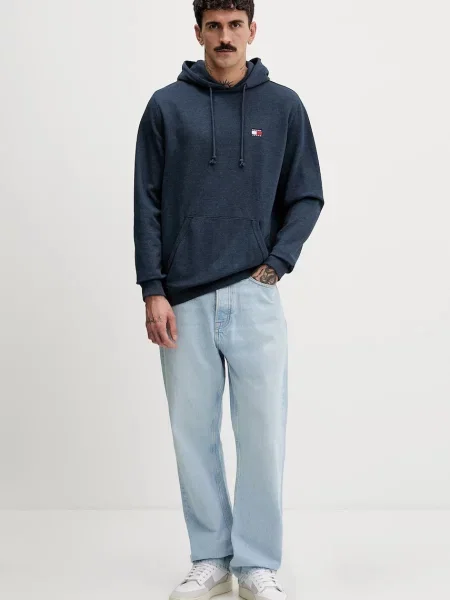 Tommy Jeans pulover s kapuco z bombažem modra
