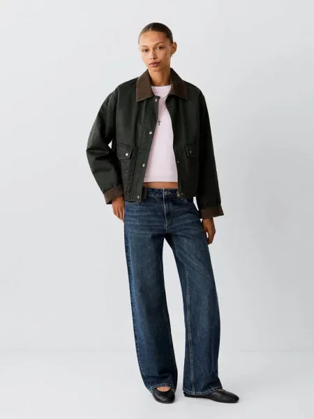 Parka woskowana ze sztruksowymi elementami średni Teen XL MANGO TEEN zielony
