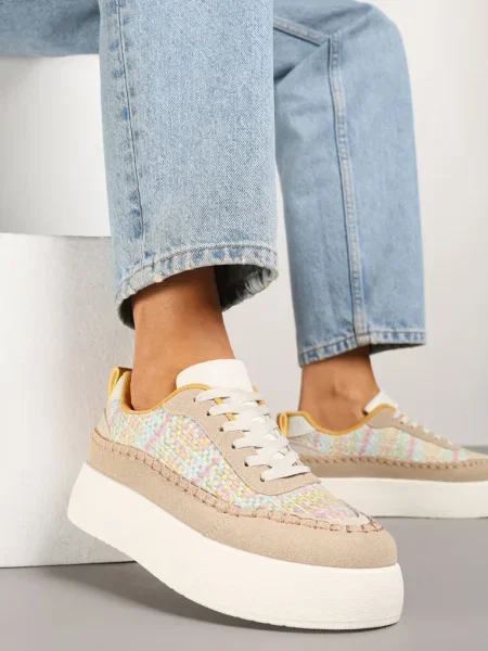 Ciemnobeżowe Sneakersy na Platformie Ozdobione Plecionką Nilaraviela beżowe