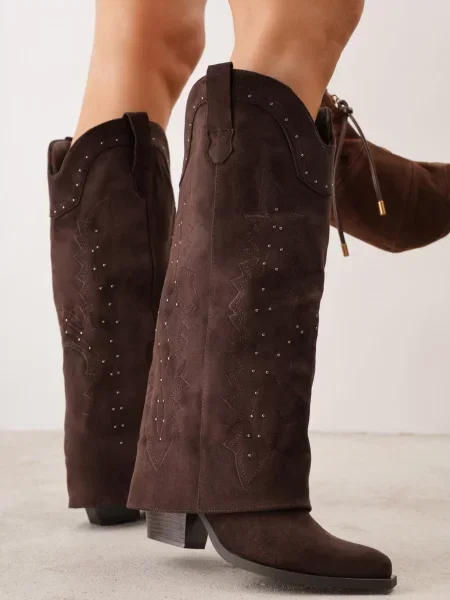Cizme Ideal cu broderie cu toc conic conici maro