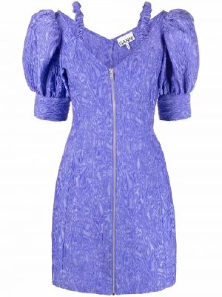 Mała sukienka mini Ganni z dekoltem w serek garniturowa niebieska