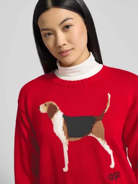 Sweter z dzianiny z motywem i okrągłym dekoltem model ‘RIEDNEE’ Lauren Ralph Lauren czerwony
