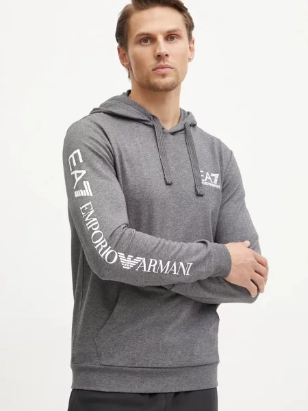 Суичър с качулка Ea7 Emporio Armani с качулка с принт сиво