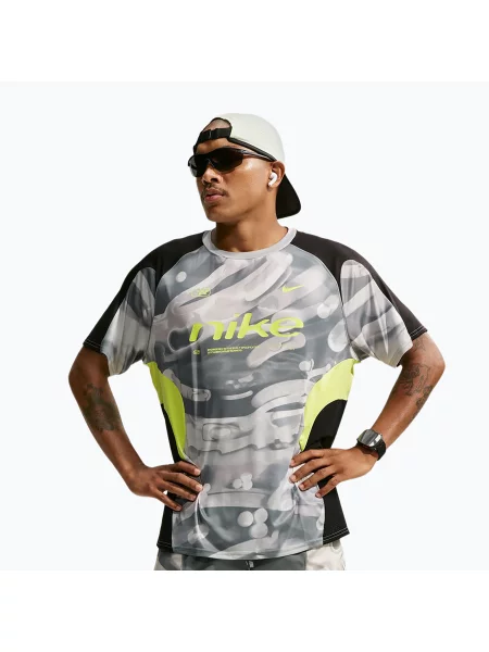 Tricou de alergare pentru bărbați Nike Dri-FIT Printed SS smoke grey/black/light lemon twist negru