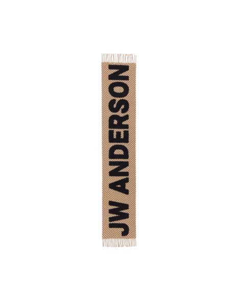 Szal Jw Anderson wełniana w jodełkę z logo brązowa