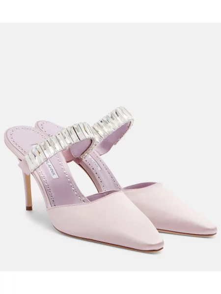 Papuci tip mules Manolo Blahnik din satin roz