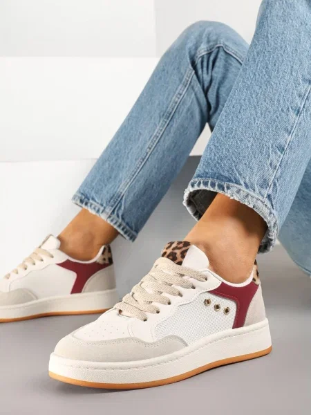 Beżowo-Bordowe Streetwearowe Sneakersy Zdobione Przeszyciami Neonisea beżowe