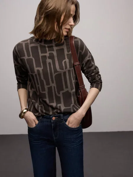 Street One koszulka z długim rękawem Kobiety Sztuczne włókno wzorzysty 46 brązowy
