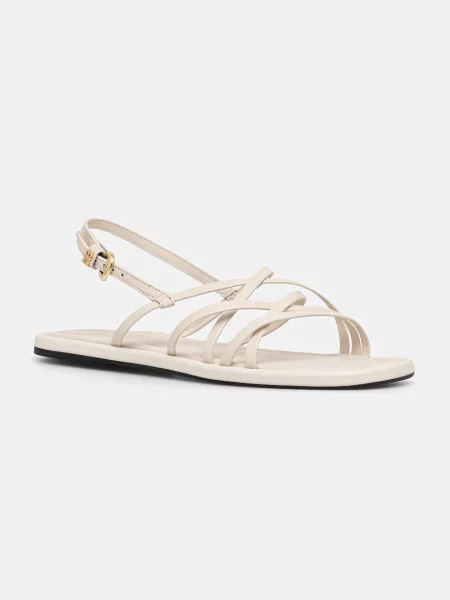 Tommy Hilfiger usnjeni sandali FLAT STRAPPY SANDAL LTH bež