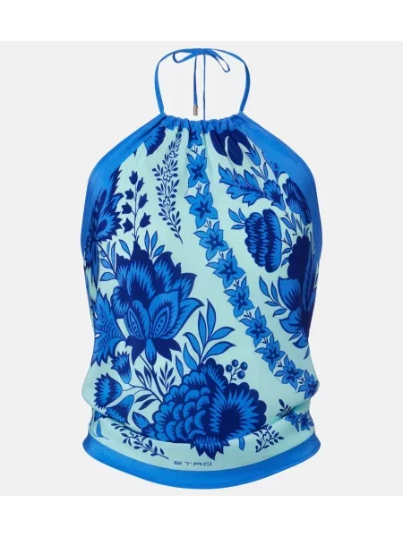 Top Etro de mătase cu model paisley cu gât halter albastru