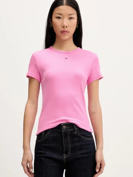 Tommy Jeans Basic t-shirt γυναικείο με ελαστάν ροζ