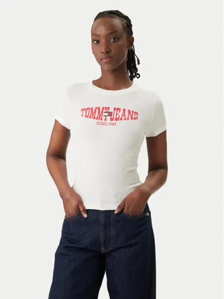 Tommy Jeans Majica Wavy Flag Bela bež