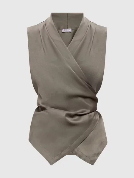 Блуза кольору на запах із шовку Brunello Cucinelli хакі