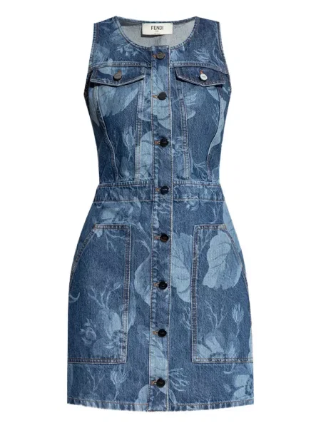 Rochie din denim Fendi cu model floral cu imagine albastru