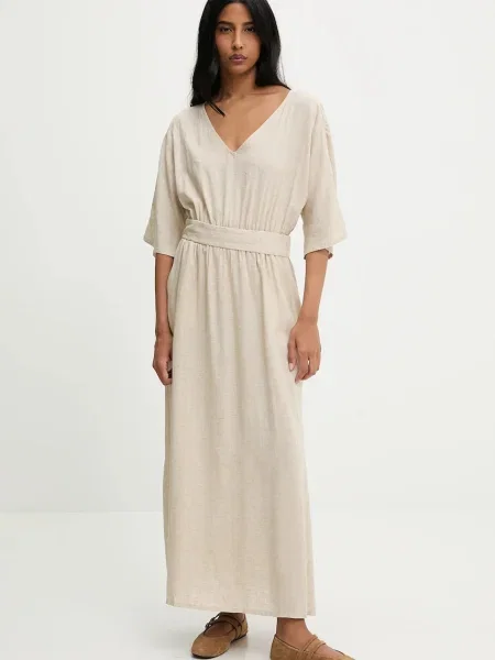 Answear Lab rochie din amestec de in maxi evazată bej