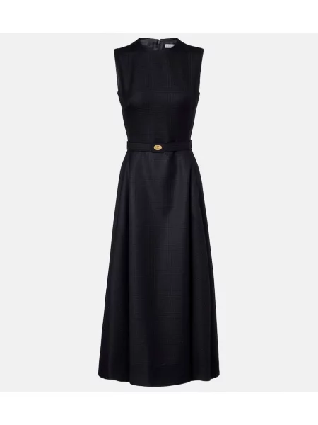 Sukienka midi Burberry wełniana w kratkę do kolan czarna