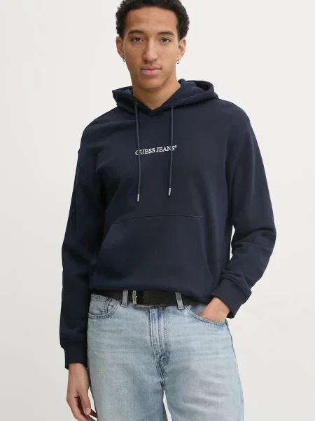 Pulover Guess Jeans mornarsko s kapuco modra