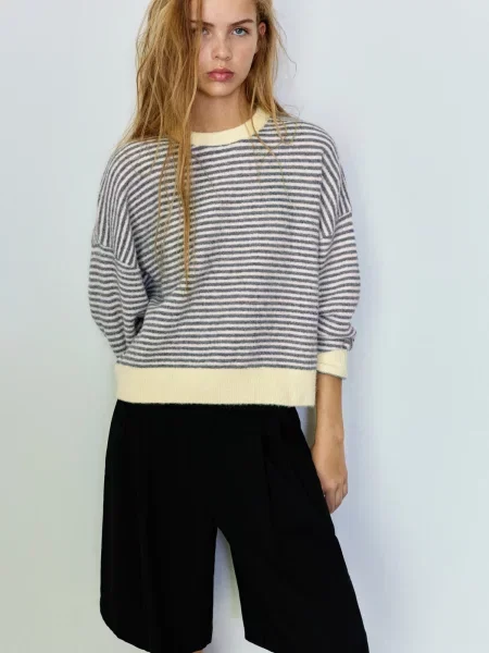 Pull&Bear Pulover PACIFIC RAYA FINA crem / închis gri