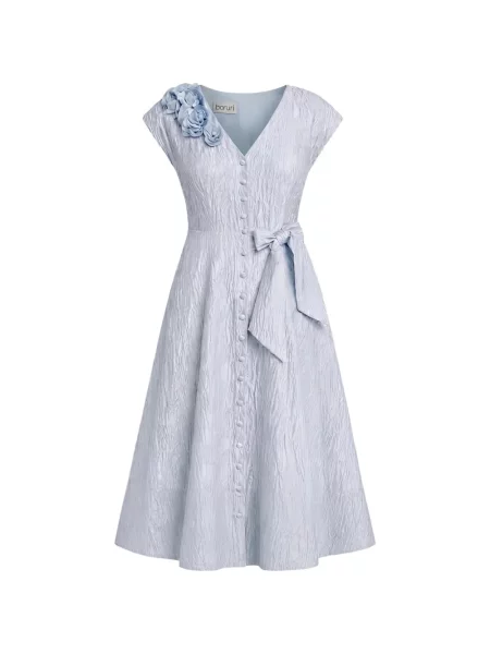 Rochie midi Baruni cu funde cu model floral albastru