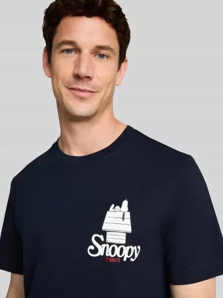 T-shirt o kroju regular fit z czystej bawełny z nadruk peanuts® Tom Tailor granatowa
