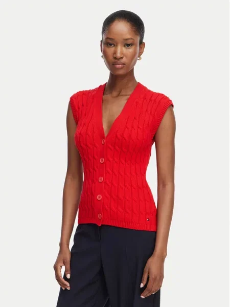 Kamizelka Tommy Hilfiger Mid Gg Cable Vest Cardigan Fire Red M czerwona