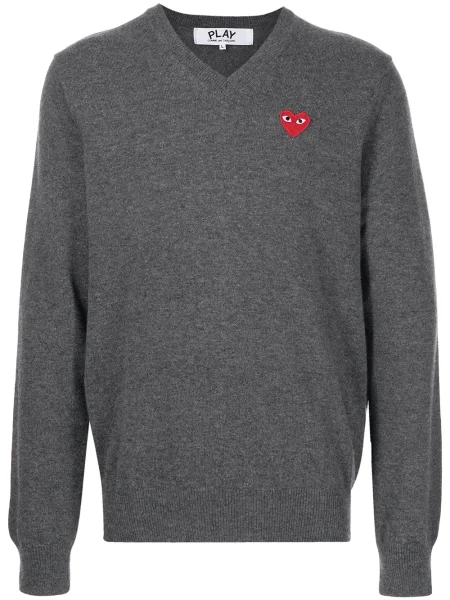 Pulover Comme Des Garcons Play tricotate cu decolteu în V cu motiv cu inimi gri
