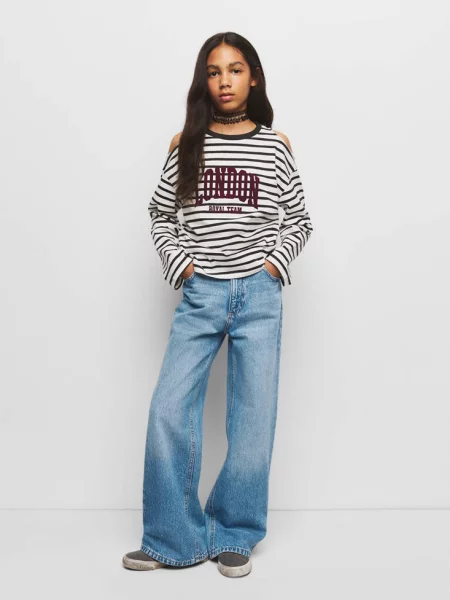 Jeansy wide leg ze zdobieniami średni Dzieci 8 MANGO KIDS niebieski
