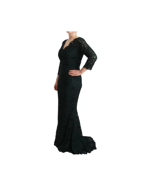 Długa sukienka maxi Dolce And Gabbana w kwiatki koronkowa zielona