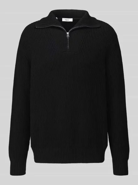 Sweter o kroju regular fit z czystej bawełny z kołnierzem zapinanym Selected czarny
