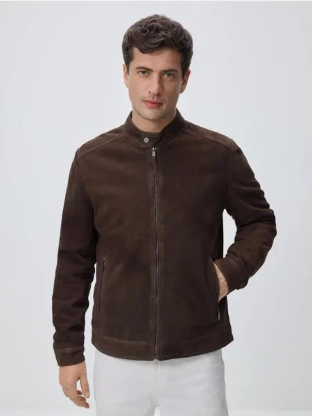 Reserved Geacă din piele întoarsă maro-închis maro