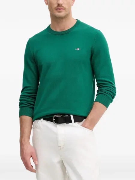 Pulover Gant cu broderie cu decolteu rotund verde