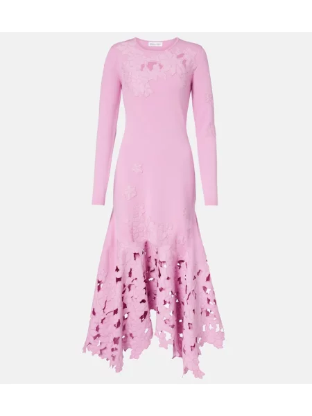Rochie midi Oscar De La Renta cu broderie cu model floral până la genunchi roz