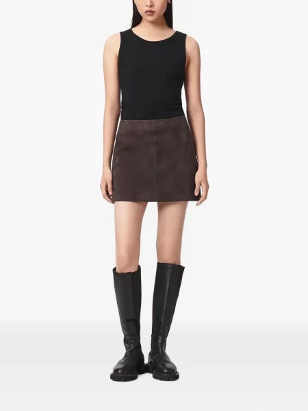Fusta mini Allsaints din piele de căprioară maro