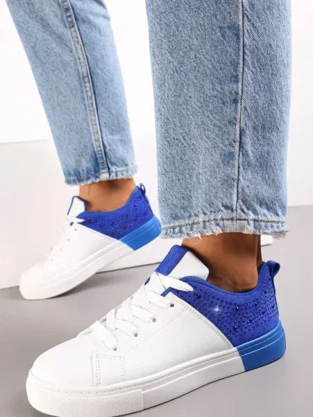 Sneakers Albi-Bleu cu șireturi pe talpă plată groasă cu zirconiu Hanuel albastru
