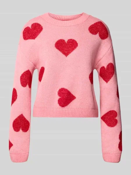 Sweter z dzianiny o kroju comfort fit ze wstawkami w kształcie serca model ‘HAPPIE’ Only różowy
