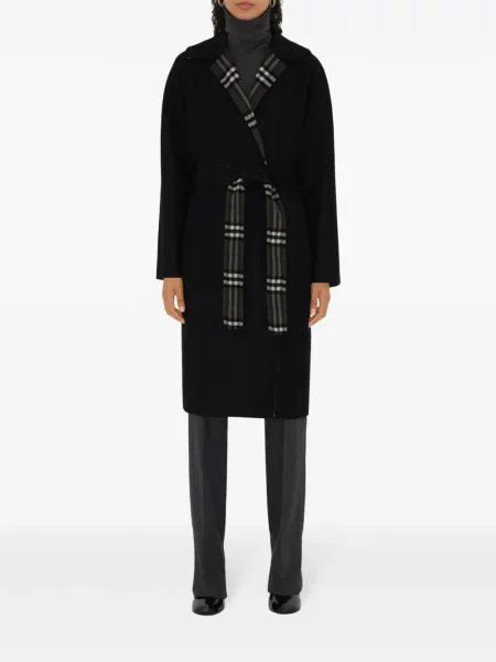 Vlněný kostkovaný zavinovací kabát Burberry černý