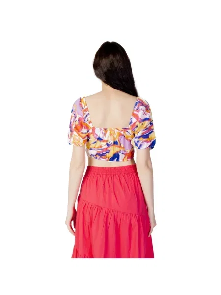 Krótka wielobarwność lniana bluzka Only niebieska