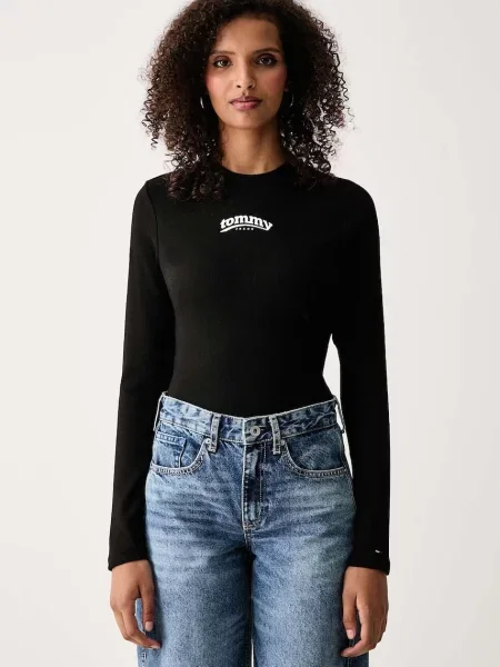 Tommy Jeans majica dugih rukava ženska od pamuka s elastanom crna