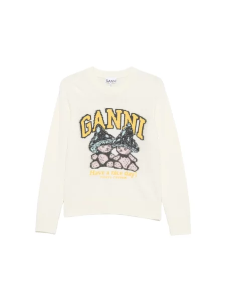 Sweter Ganni wełniany z logo biały