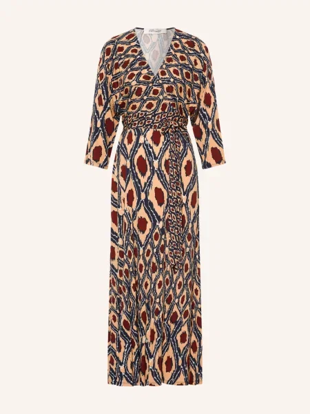 Diane Von Furstenberg Šaty Ivara Se Zavinováním S Rukávy / hnědá / tmavě modrá béžová