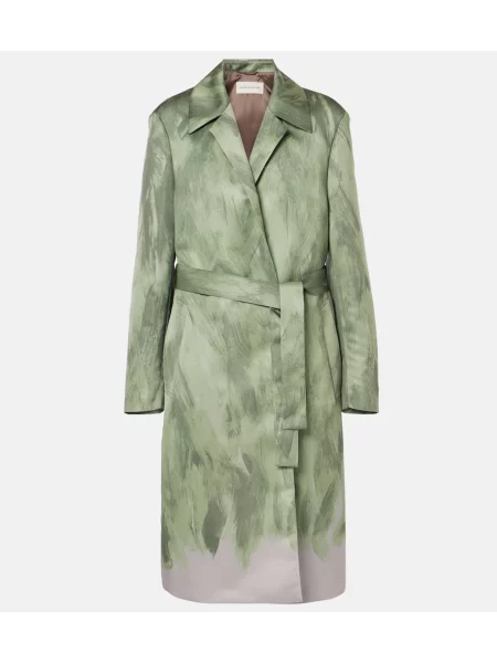 Satynowy płaszcz Dries Van Noten kopertowy zielony