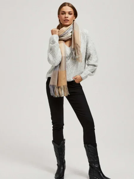 Fular Marisse cu franjuri în carouri bej