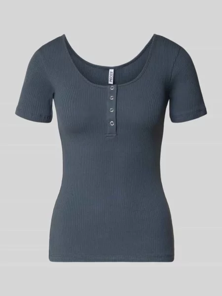 T-shirt z prążkowaną fakturą model ‘Kitte’ Pieces granatowa