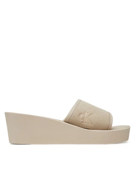 Calvin Klein Jeans klapki BEACH WEDGE SLIDE CANVAS na koturnie beżowy