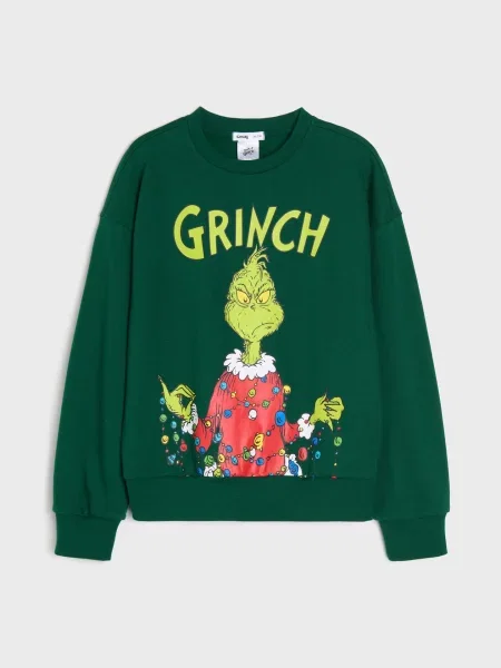 Sinsay Mikina crewneck s vánočním potiskem Grinch green spruce zelená